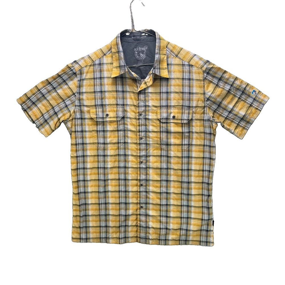 Kuhl Eluxur Shirt Mens Large Yellow Plaid Short Sleeve Outdoors Hiking Stretch